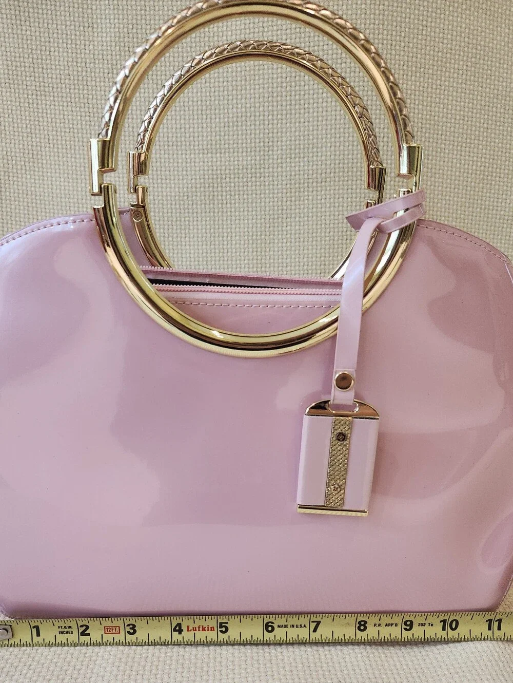 Pink Patent Leather Satchel Gold Ring Top Handle Crossbody Bag Structured Purse - Picture 11 of 16